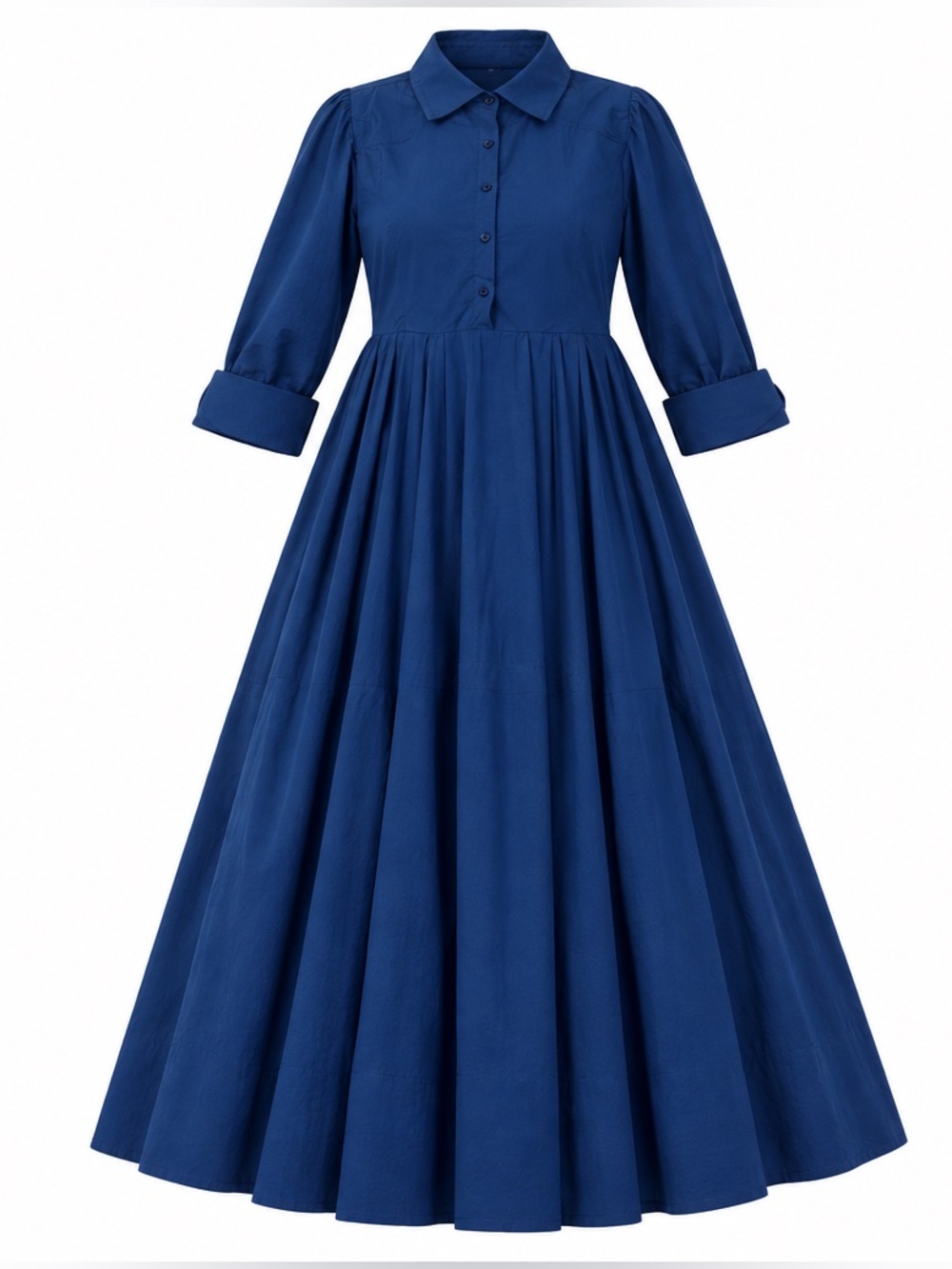 Women’s Classic Button-Front 3/4 Sleeve Maxi Dress Blue Size L